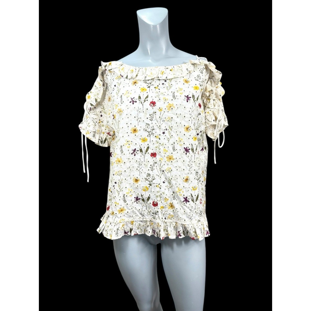 Women's XL Solitaire Anthropology Floral‎ Print Laced Up Short Sleeve Shirt Boho